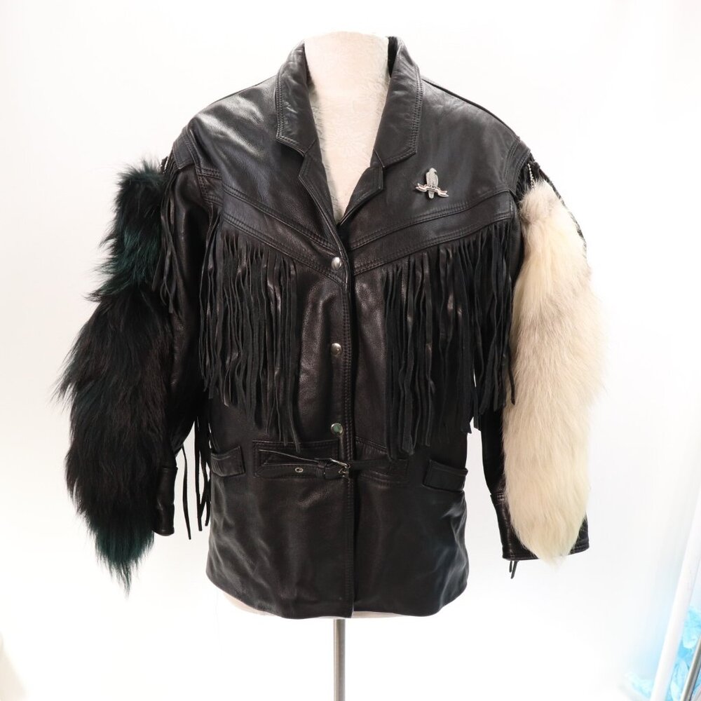 Harley Davidson Leather Biker Jacket XL Black Fringe Removeable Lining Fox Tails
